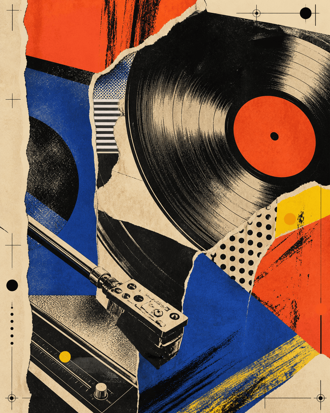 Screen-printed collage of a turntable and vinyl record